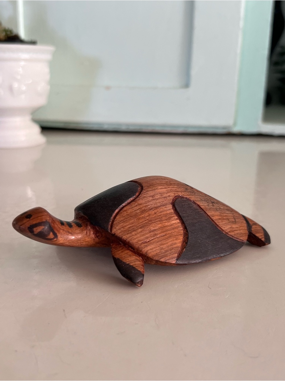 Handcrafted Wooden Turtle Figurine - Natural Brown and Dark Accents